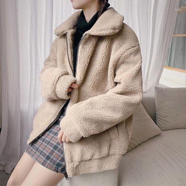 

2020 winter new korean version of the couple fashion thick lapels lamb hair loose casual woolen coat1, Black