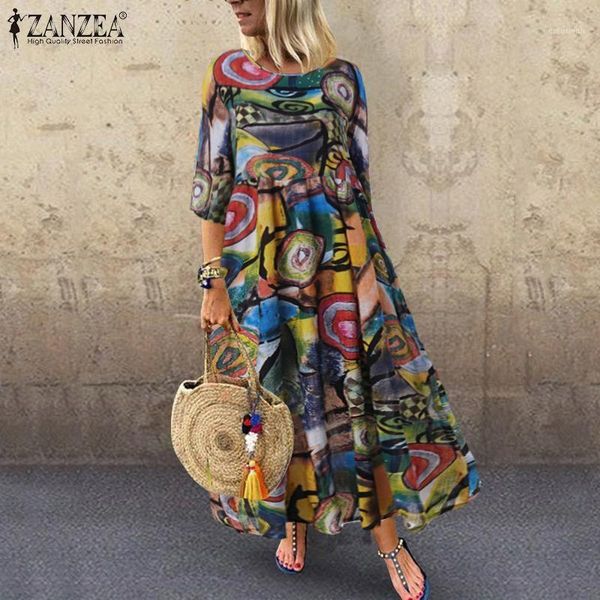 

autumn summer dress women vintage vestidos zanzea 2020 pleated printed long maxi dresses tunic party femme 3/4 sleeve plus size1, Black;gray
