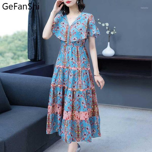 

casual dresses good quality summer women dress plus size floral print chiffon short sleeves v-neck loose office lady long s-3xl1, Black;gray