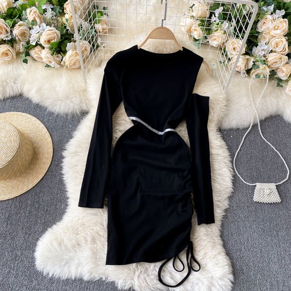 

2021 new singiny shoulder design short female long solid thin autumn chic drawstring streetwear dress 5qak, Black;gray