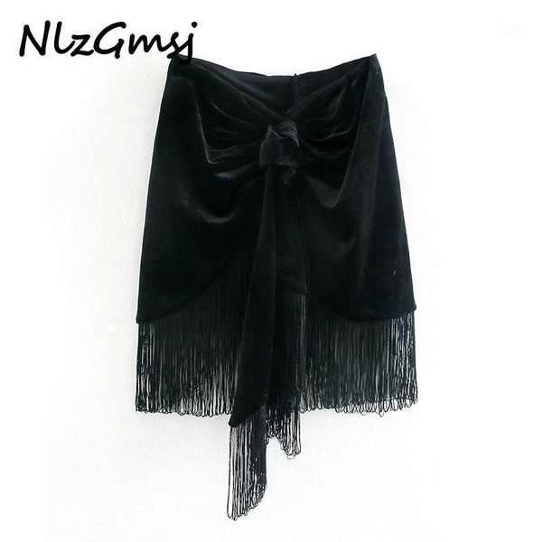 

nlzgmsj women 2020 fashion with knot tied tassel pleated velvet mini skirt vintage high waist back zipper female skirts mujer1, Black
