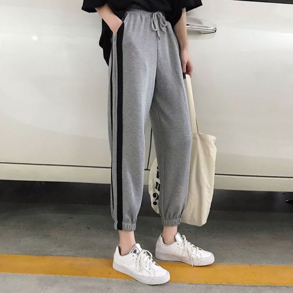 

2021 new side the stripe jogger plus size female fashion loosen high ninth harem pants xn54, Black;white