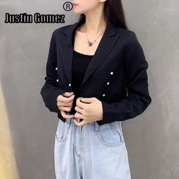 

pearl beading short black women's blazer 2020 lady outerwear formal open front women's suit fashion lapel female blazer1, White;black
