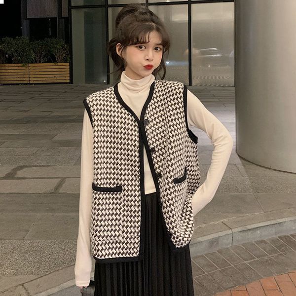

new 2021 vintage tweed sleeveless vest jacket black pockets hound stooth chess y168 kslu qhvn, Black;white