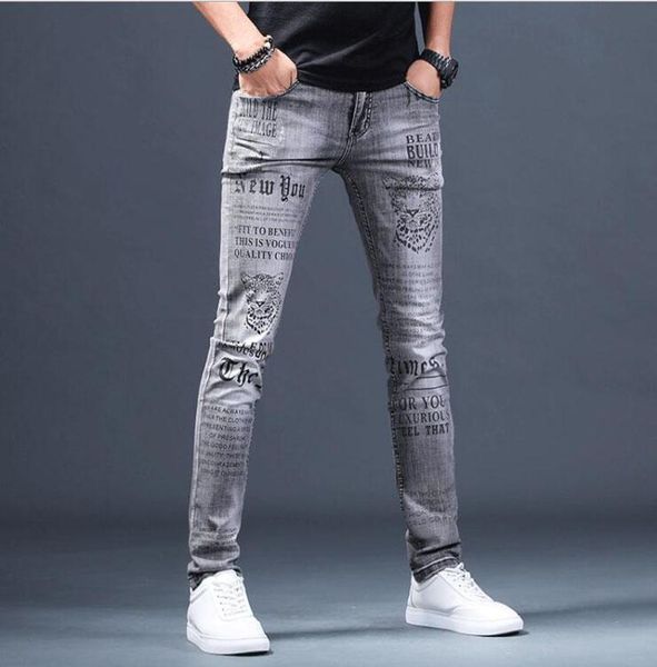 

new men's male denim jeans european brand men summer printing personality fashion slim stretch pants trousers, Blue