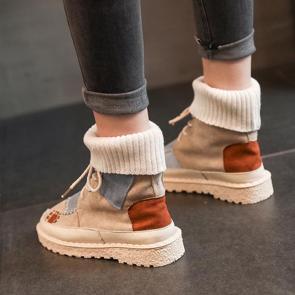 

autumn and winter women's high boots nubuck plus velvet warm casual sneakers round toe lace-up student flat boots, Black