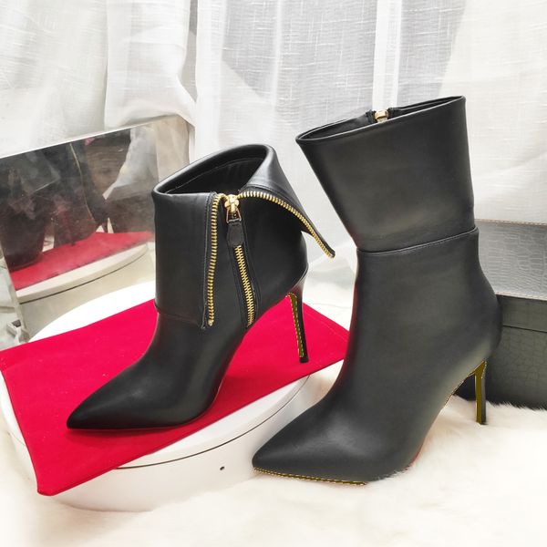 

new zip soft matte leather flanged stiletto thin high heels genuine leather inside women mid-calf winter boots, Black