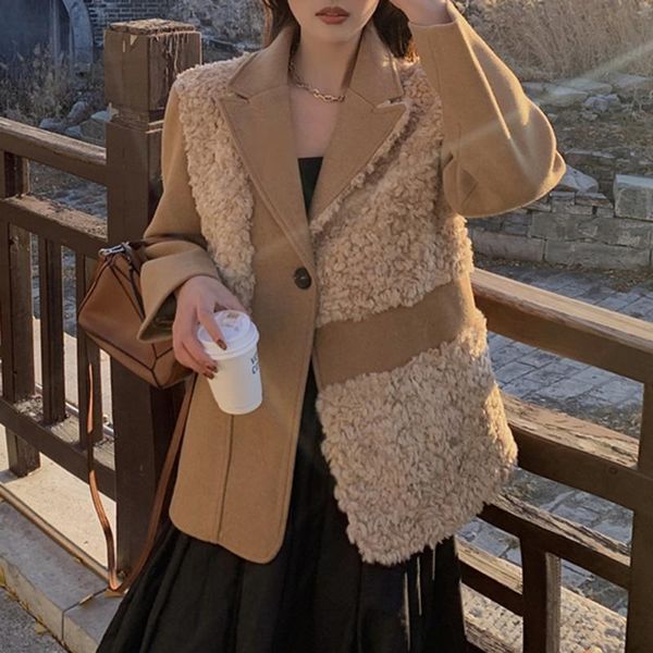 

korean version japanese casual blazer autumn winter fashion temperament casual lambswool splicing lapel long sleeve, White;black