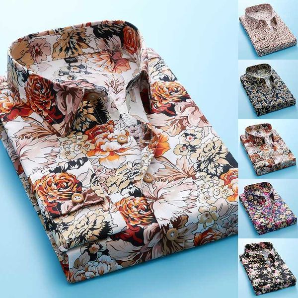 

men's dress shirts fashion for men long sleeve floral print shirt autumn camisa button lapels collar male turn down collar1, White;black