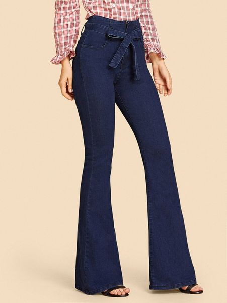 

high waisted tie waist flare leg jeans b4ob#, Blue