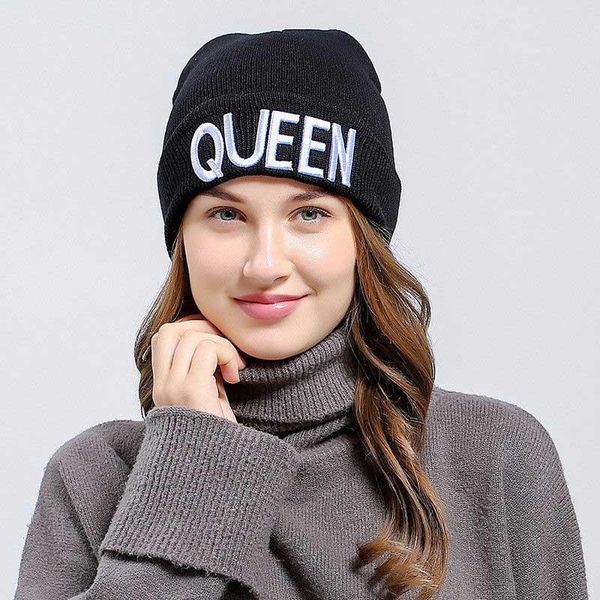 

дамы cap король королева письмо вышивка вязание пара шляпы hip стиль skullies bonnet мужчины женщины beanie лыжные черный спортивные мужчины