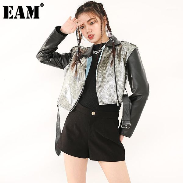 

eam] pu leather shining black zipper short jacket new lapel long sleeve women coat fashion tide spring autumn 2021 1dd0758011, Black;brown