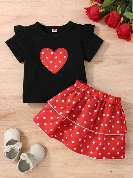 

baby polka dot heart embroidered ruffle trim tee & layered hem skirt she, Blue