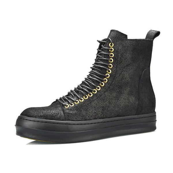 

retro winter new fashion genuine leather high mens matin boots british male shoes brand footwear lace up zipper, Black