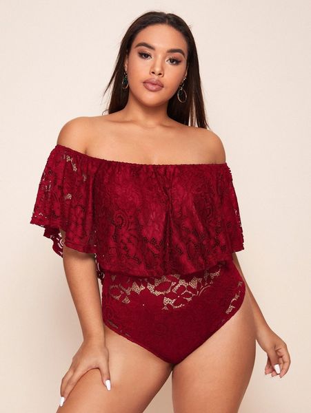 

plus bardot flounce trim lace bodysuit j8nv#, Black