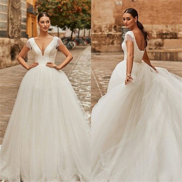 

gorgeous a line wedding dresses boho beach v-neck tassel 3d applique lace up princess bridal gowns sweep train robes de mariÃ©e, White