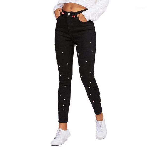 

women's jeans fashion stretch beading denim womens bodycon bulift high waisted ankle- length skinny black pencil pants1, Blue