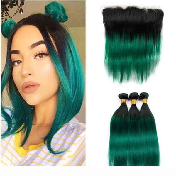 

#1b green ombre straight brazilian hair wefts with frontal black to dark green ombre human hair weaves 3bundles with 13x4 lace frontal, Black;brown