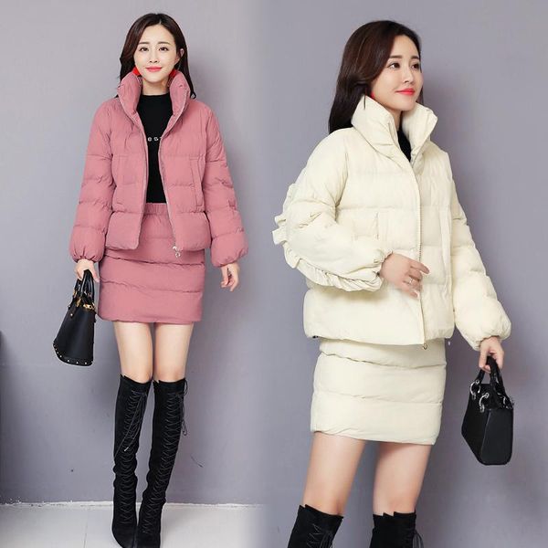 

parkas cotton clothes + warm short skirt 2-piece suit women autumn and winter black red white elegant fashion padded jacket sets, Gray