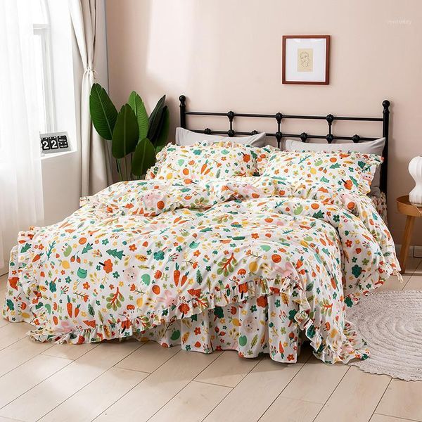 

pure cotton fresh girl plant fruit floral animal cartoon ruffles skirt-style bedding set ropa de cama couvre lit duvet cover set1