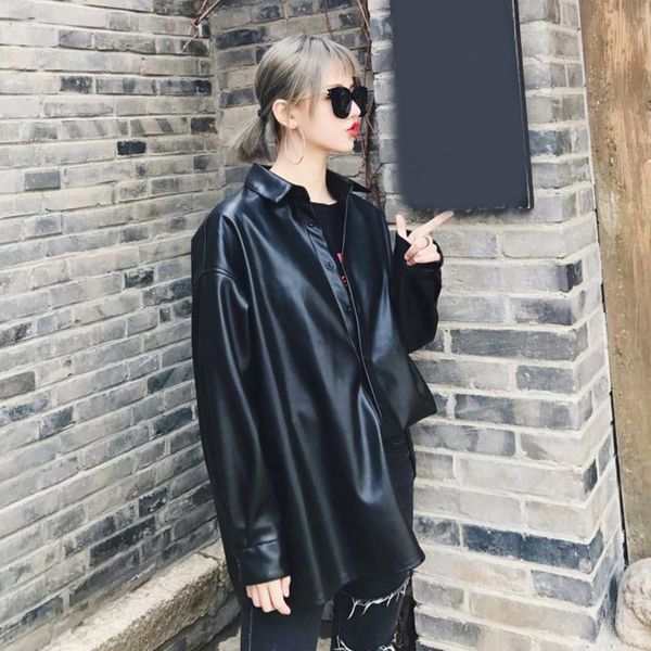 

2021 new harajuku leather moto winter long sleeve pu jacket and coat women korean outerwear lady streetwear warm llzl, Black