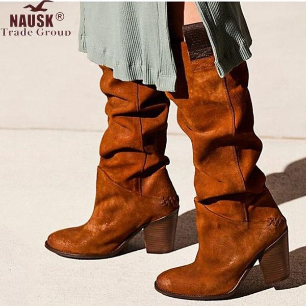 

2020 women fashion platform boots mid-calf boots slip on solid low heels ladies casual warm shoes winter plus botas de mujer, Black