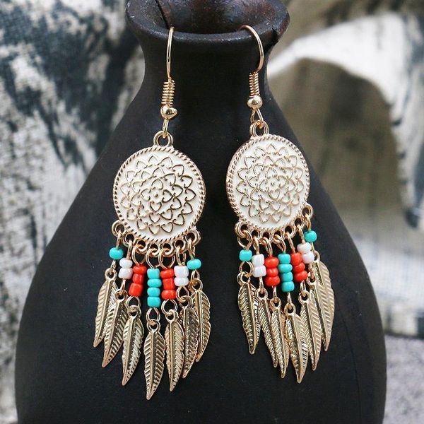 

Retro Bohemian long earrings Fashion Alloy Round carved pendant beads leaves exaggerated ethnic earrings women fashion jewelry, Silver
