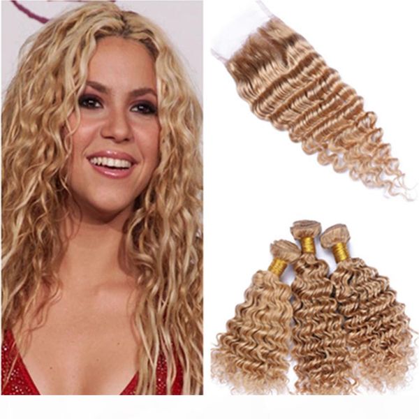 

#27 honey blonde peruvian virgin human hair weave 3 bundles with closure deep wave strawberry blonde 4x4 lace closure with bundles 4pcs lot, Black