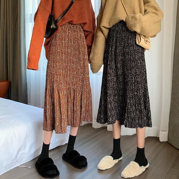 

vintage floral print ruffle winter pleated long skirts women korean skirt streetwear drawstring elastic waist midi skirt, Black
