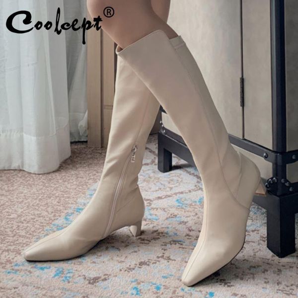 

coolcept women knee boots thick heel pointed toe zipper shoes winter warm shoes fashion women party footwear size 33-40, Black