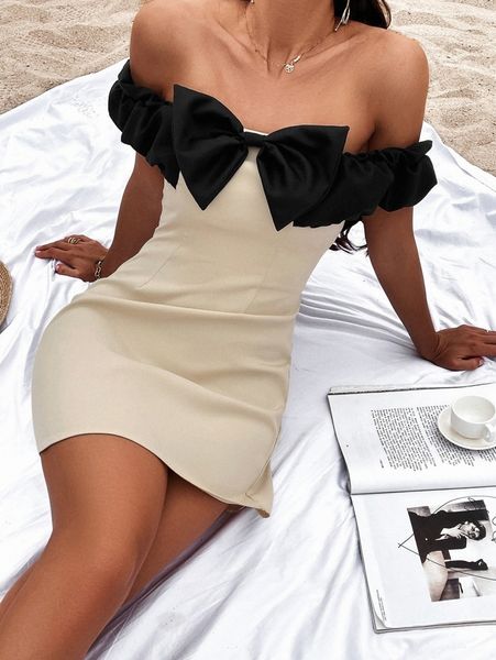 

color block bow front off the shoulder dress b5da#, Black;gray