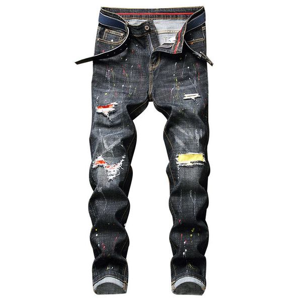 

pantalon homme жан homme джинсы штаны новый стиль пэчворк жан упругие vaqueros hombre ripped biker джинсы man брюки джинсовые, Blue