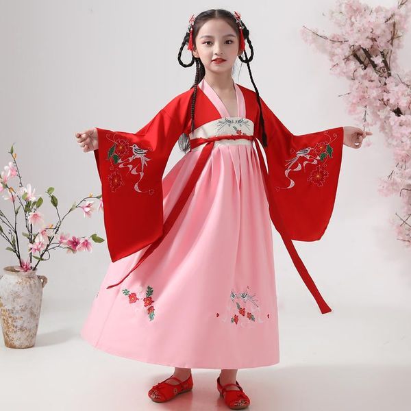 

ancient fairy hanfu for girls chinese traditional dance costumes woman qing dynasty princess performance dress children dn49211, Black;red