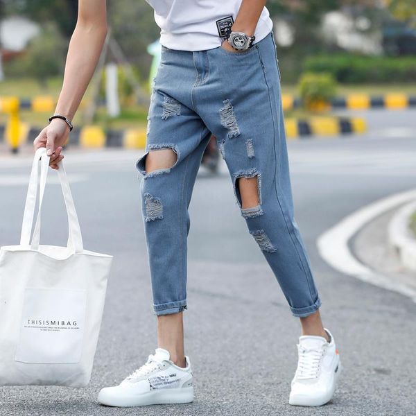 

men's jeans summer big hole fashion beggar style ankle length pants loose casual slim denim cloth pencil, Blue
