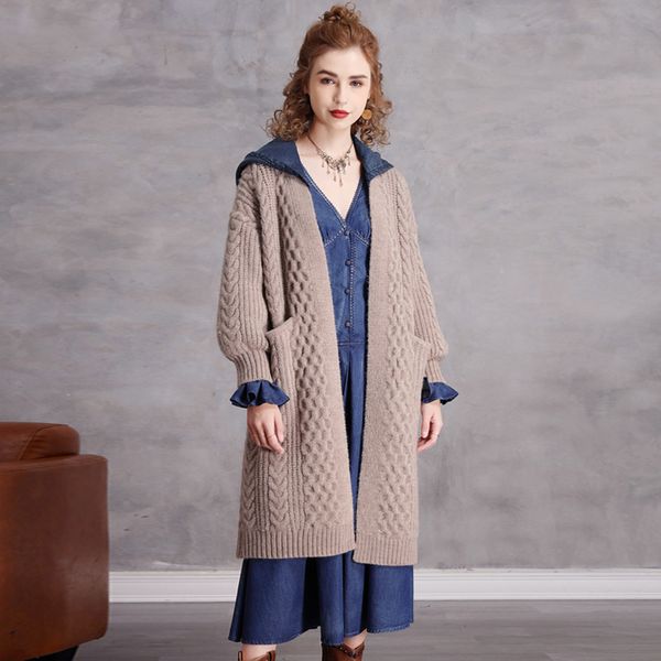 

johnature women vintage knitted sweaters hooded cardigan coats 2020 autumn winter new patchwork denim thick warm long sweaters h1211, White;black
