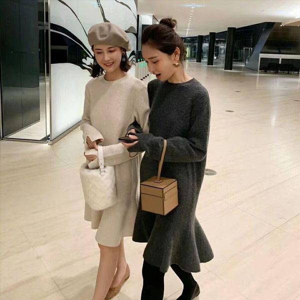 

wavsiyier thick knitted pollover jumper dresses casual winter autumn 2020 new warm woman korean style sweater dress women loose, Black;gray