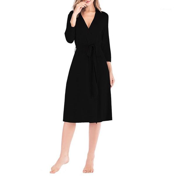 

women 7-sleeve robe cotton over-knee bathrobe soft sleepwear v-neck nightwear1, Black;red