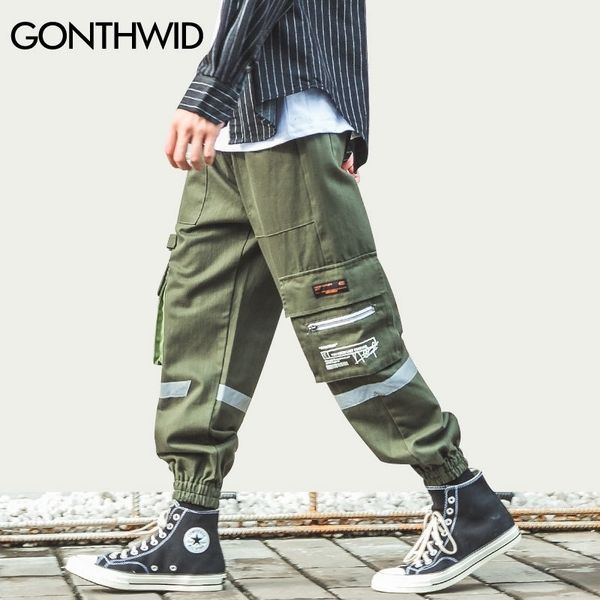 

gonthwid side zipper pockets cargo harem joggers pants streetwear men harajuku hip hop hipster casual baggy sweatpants trousers 201114, Black