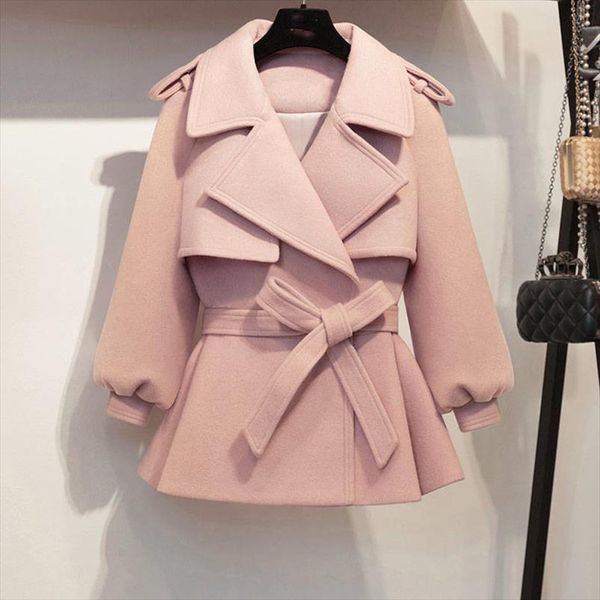 

2019 new autumn winter coat women woolen short jacket female vintage slim jackets belt pink coats casaco feminino, Black