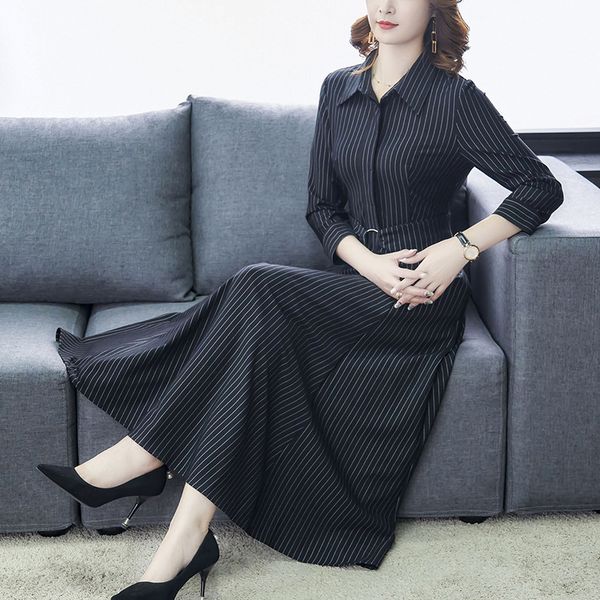 

dressed in foreign temperament 2020 spring and autumn new striped collar big female dress, Black;gray