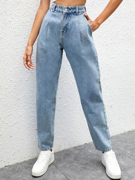 

high waist fold pleated jeans o78t#, Blue