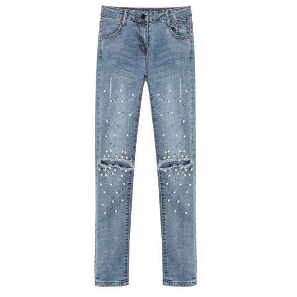 

new fashion diamond bead jeans women skinny denim pencil pants hole jeans, Blue