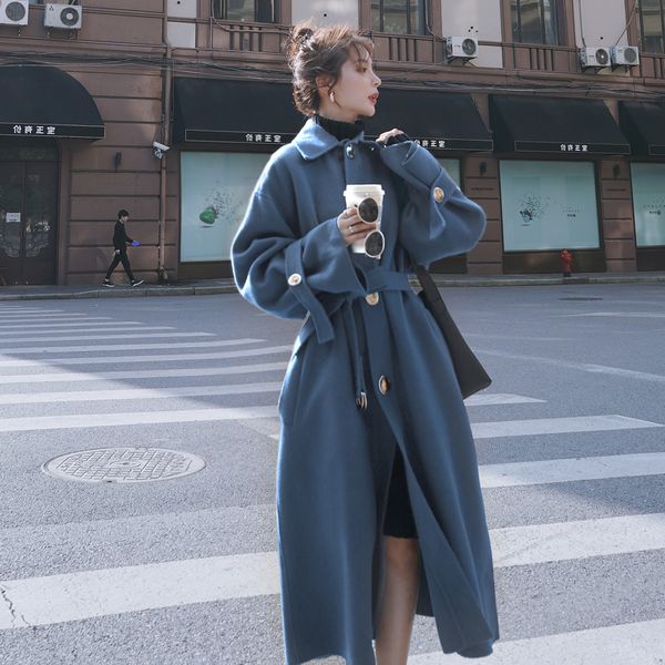 

2021 winter women's fashion thickening long over-the-knee woolen coat with belt female casual outerwear elegant overcoat, Black