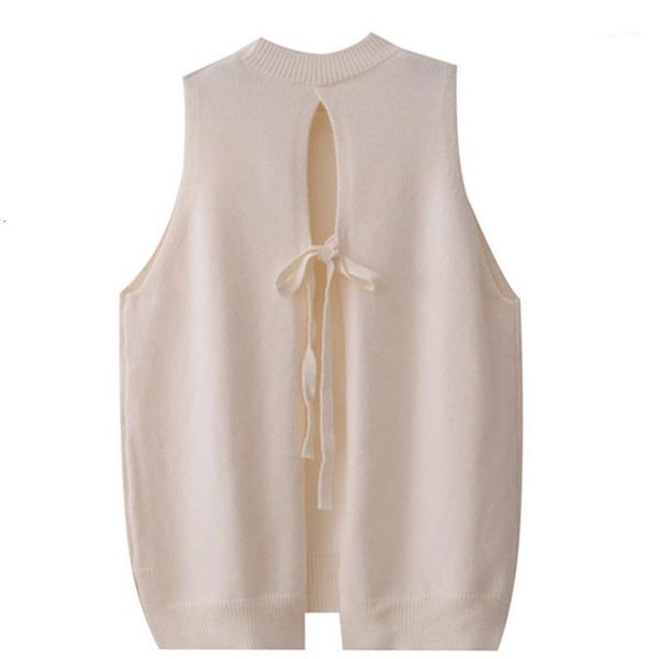 

fashion tide autumn and winter new fashion solid color round neck sleeveless bow loose knit sweater female pb7931, White;black