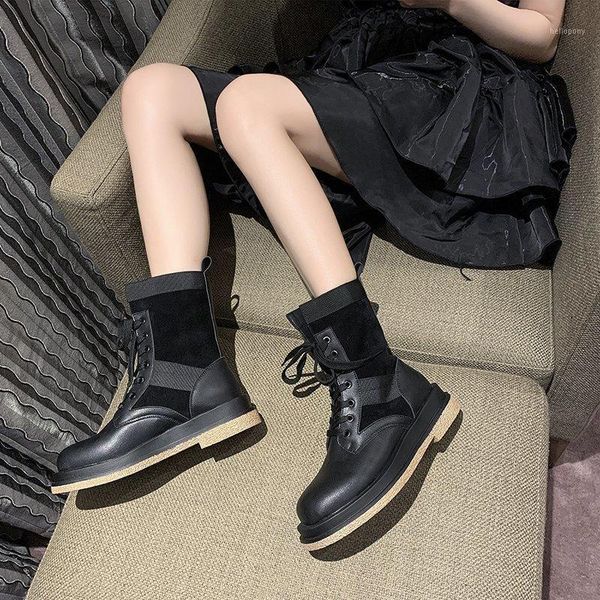 

2020 spring and autumn new all-match lace-up thick heel mid-tube single shoes fashion casual boots female x3321, Black