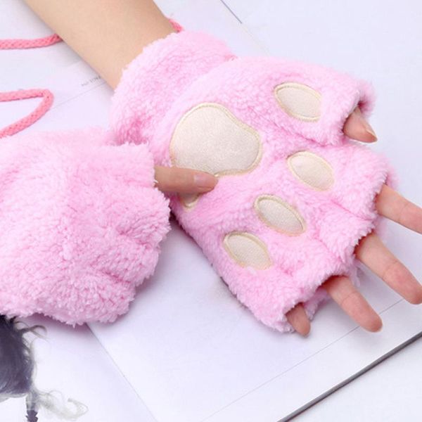 

five fingers gloves winter warm cute women bear cat claw mitten plush plus velvet thickening half-finger flip keep girls, Blue;gray