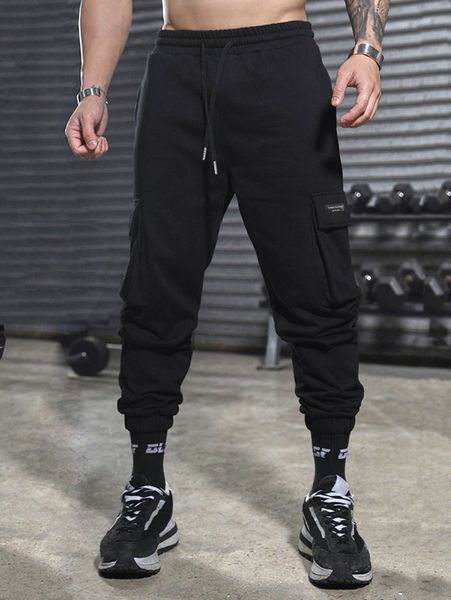 

men letter patched flap pocket side drawstring waist sweatpants 739e#, Black