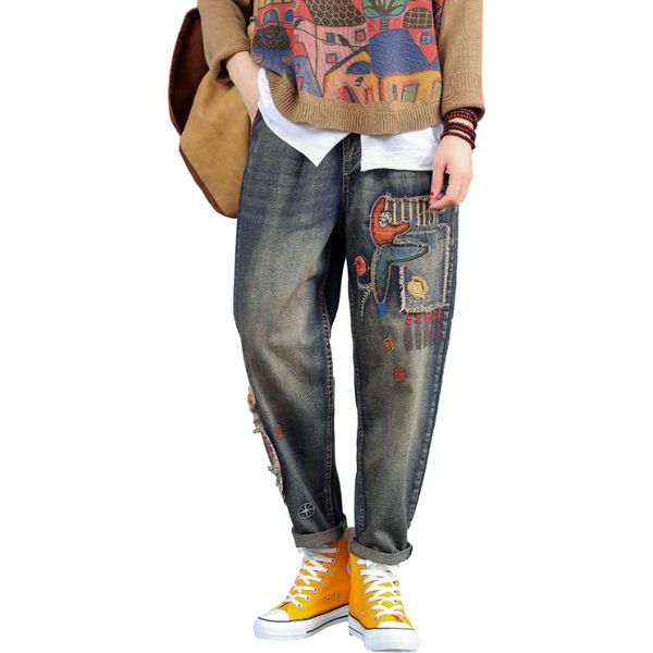 

autumn fashion style ladies streetwear womens printed blue vintage jeans cut harem new pants qgfe