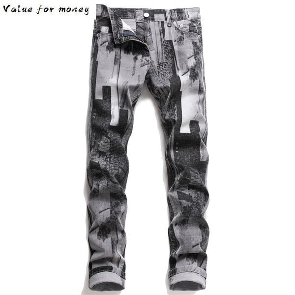 

jean slim homme summer design style gray printed patchwork men's pants calca jeans masculina moda hombre 2021, Blue