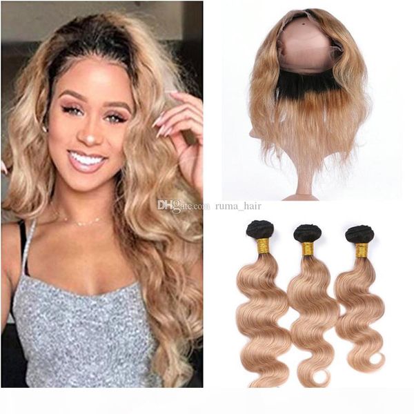 

two tone 1b 27 honey blonde ombre 360 full lace frontal closure with bundles light brown ombre virgin brazilian hair with 360 closure, Black;brown